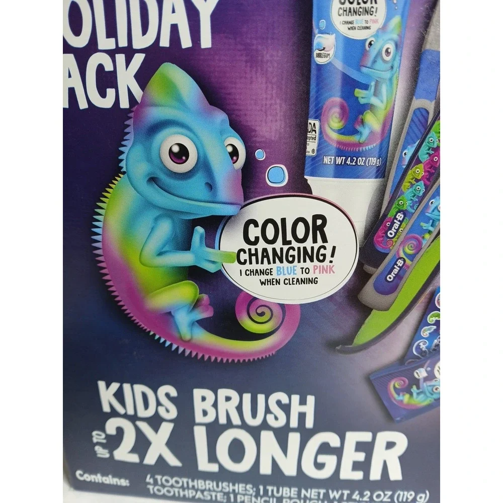 Crest & Oral-B Kids Holiday Pack Gift Set 4 Color Changing Brushes Stickers New